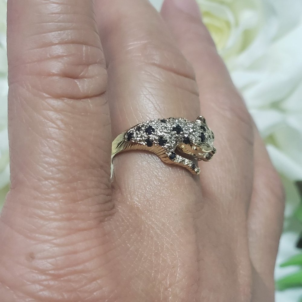 14K SOLID GOLD SAPPHIRE AND RUBY EYES PANTHER RING - Picture 10 of 11